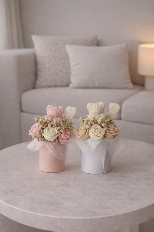 Kerzenstrauß "petite teddy" - handgegossen aus Rapswachs